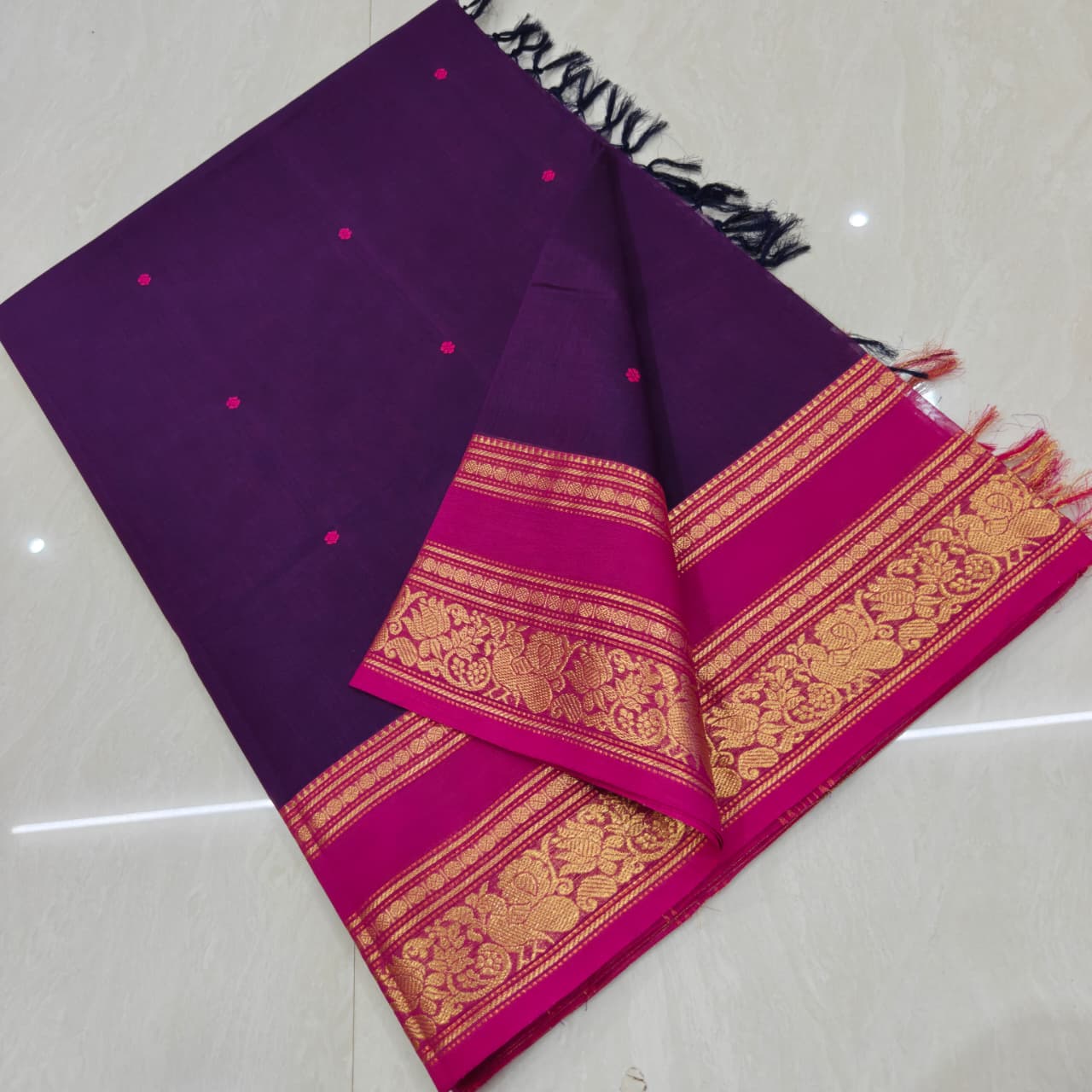 Maroon Handloom Kanchi  with Teal Blue Zari Border Cotton Saree
